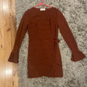 Burnt orange dress with tie and bell sleeves, size large, runs small